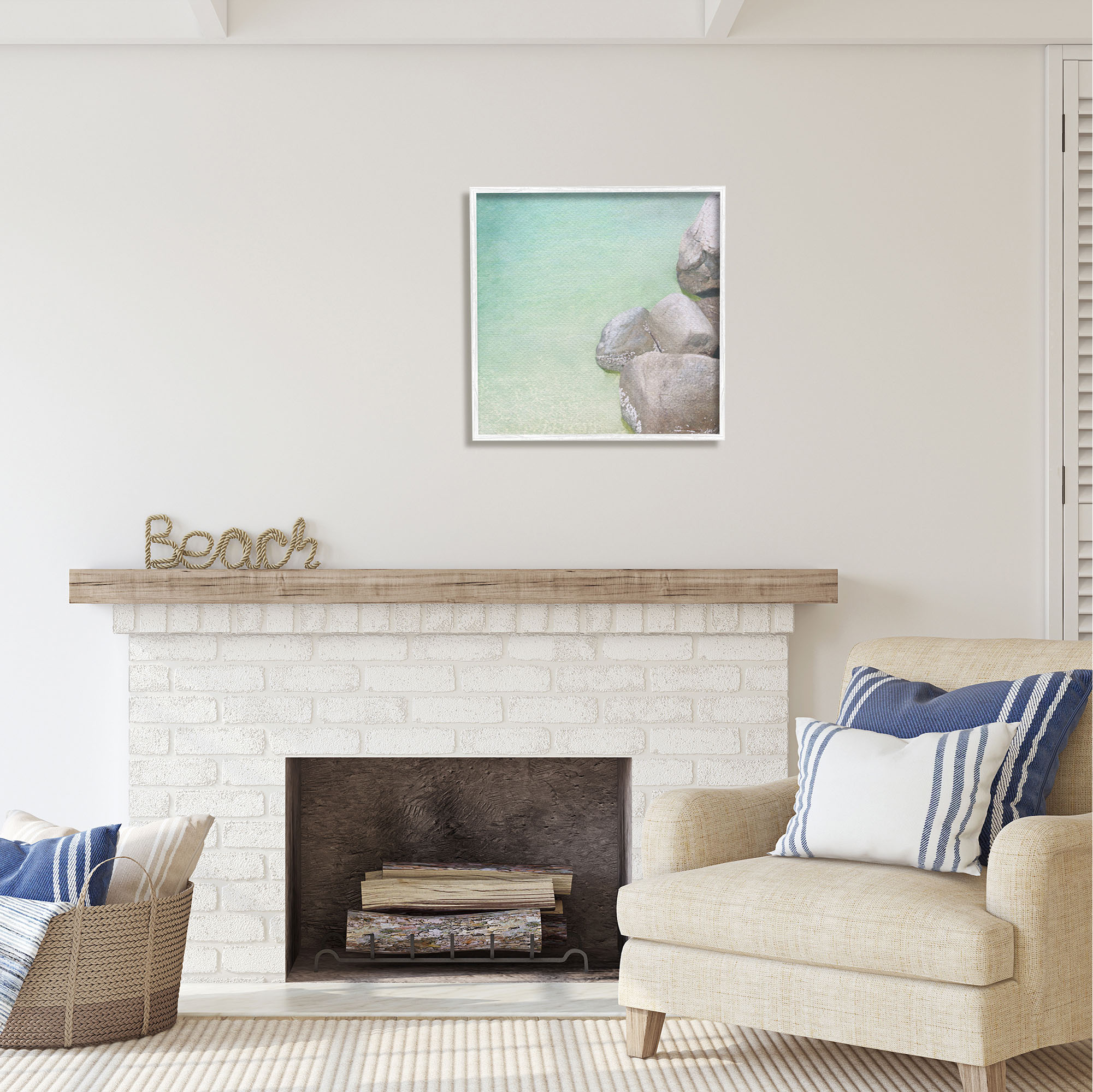 Stupell Industries Ocean Rocks on Shore Nature Photography White Framed Art Print Wall Art, 24 x 24