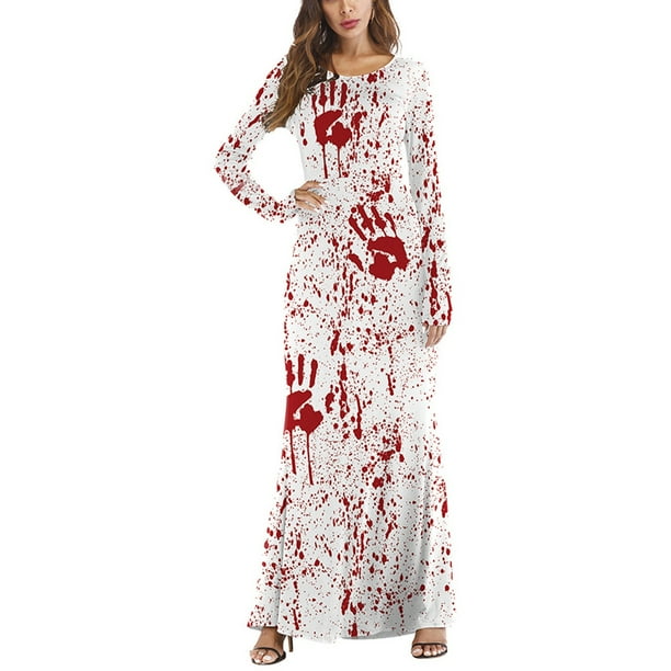 Horrible vestido de una pieza de manga larga con cuello redondo y sangre, vestido de fiesta de Halloween para mujer, talla L/XL (blanco)