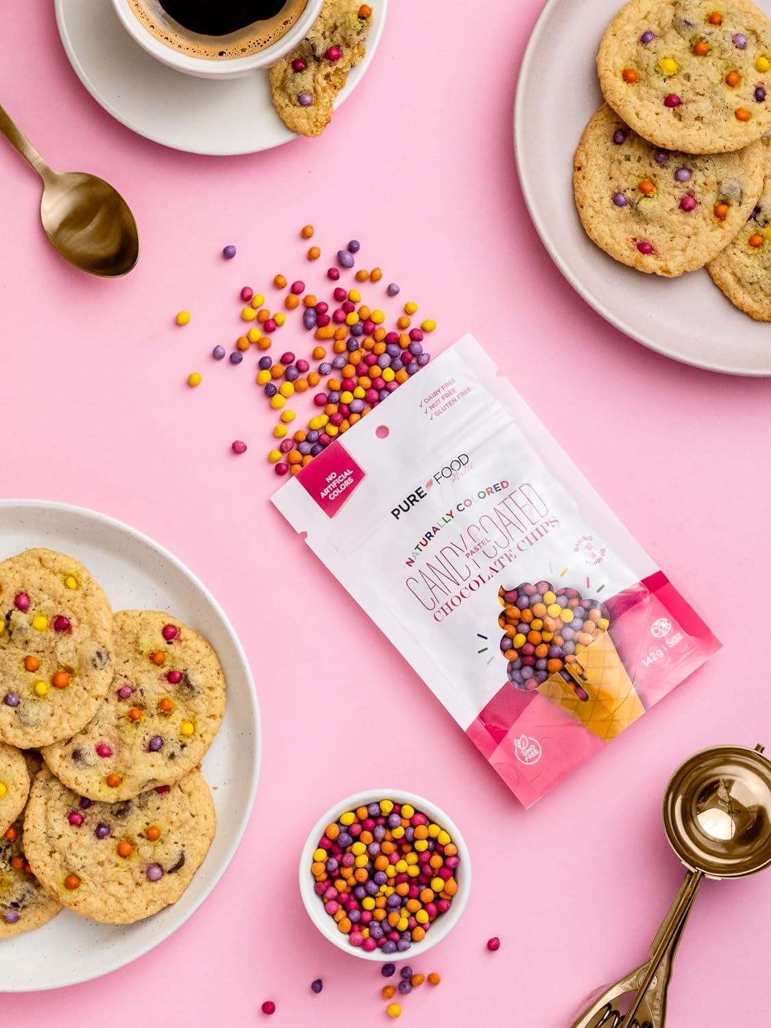Pure Food By Estee Pastel Rainbow Candy Coated Chocolate Chips, 5oz | Cosmic Brownie Sprinkles | Vegan Chocolate | Natural Rainbow Chips Sprinkles | Mini Colored Chocolate Chips for Baking