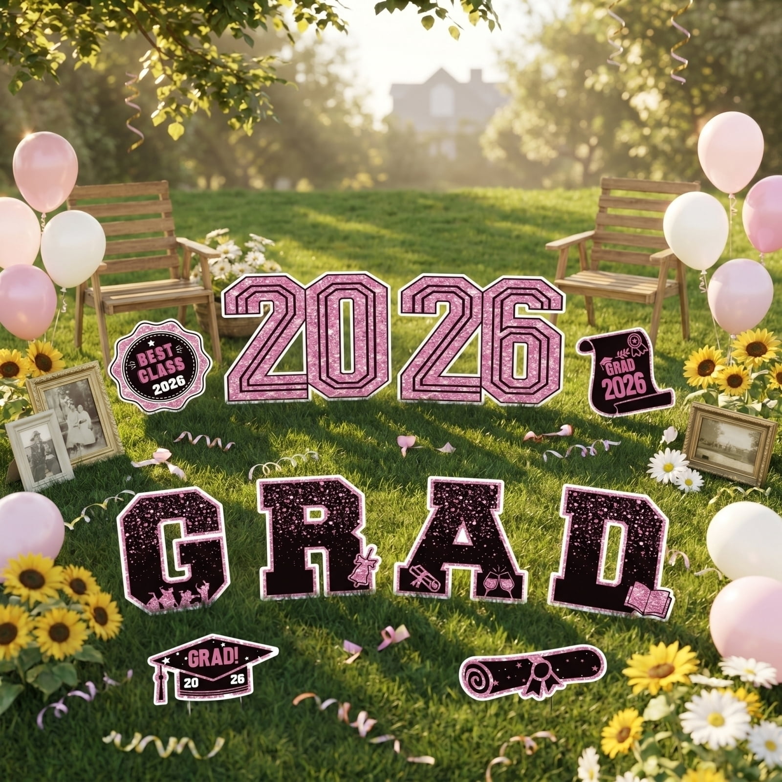 Graduation Decorations Class of 2026, Pink Glitter Decor, 2026 Big Numerals, Grad Cap Decor, Yard Sign, Scroll, Badge, Outdoor Graduation Celebration, 10 Set, Pink Accent Pieces