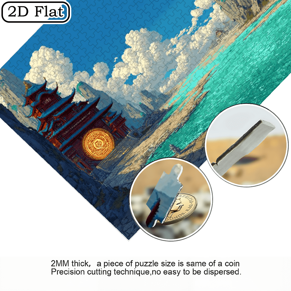 A Box of (1000pcs) Puzzles, with Seaside Immortal Gate Design, High Difficulty, Suitable, Family Entertainment, Home Decoration. 29.4*19.6 in