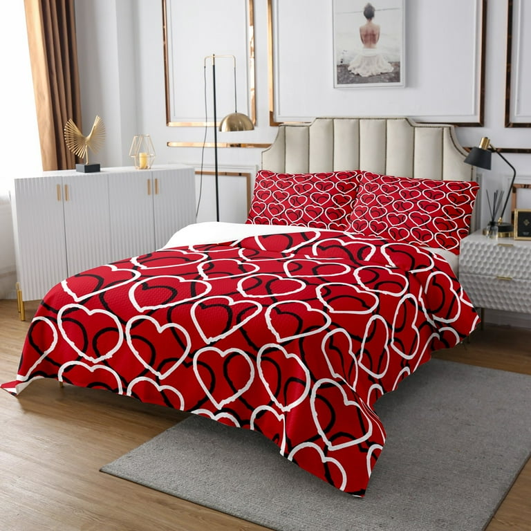 Red White Love Heart Quilt Set Cute Heart Pattern Coverlet Set Valentine Day Gift Warm Soft Quilt Set King Hand Drawn Stripes Bed Set for Boys Girls