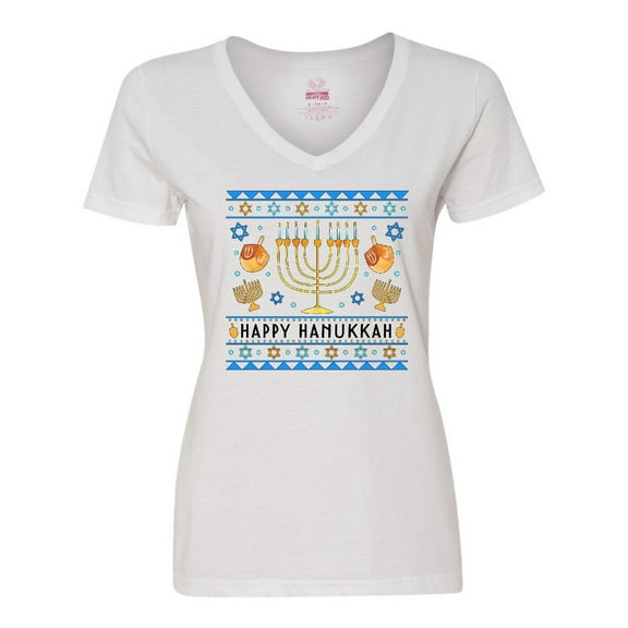 Inktastic Happy Hanukkah Sweater Style Design with Menorah and Dreidel Women's V-Neck T-Shirt