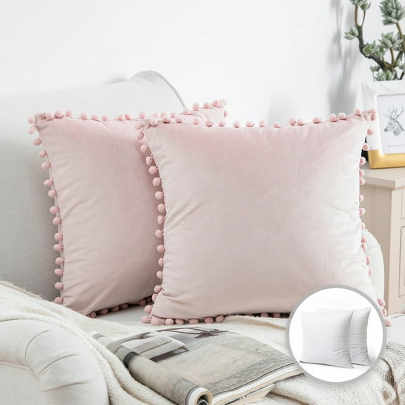 Phantoscope Pom Pom Velvet Series Decorative Throw Pillow, 18" x 18", Light Pink, 2 Pack