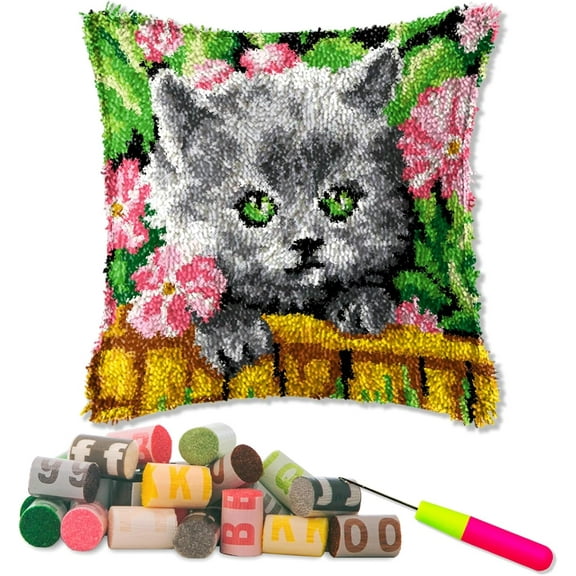ShowNiceArt Latch Hook Kits For Adults Pillow, Flower Cat | Creative Craft Home Decor Ideal  43 × 43cm / 16.9 * 16.9 inches