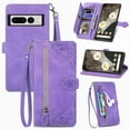 thumbnail image 1 of Nalacover Luxury Wallet Case for Google Pixel 7 Pro, Embossed Pattern Design Zipper Pocket Handbag Wrist Strap Premium PU Leather Flip Cover with Card Slots Holder Magnet Clasp Kickstand Case, Purple, 1 of 6