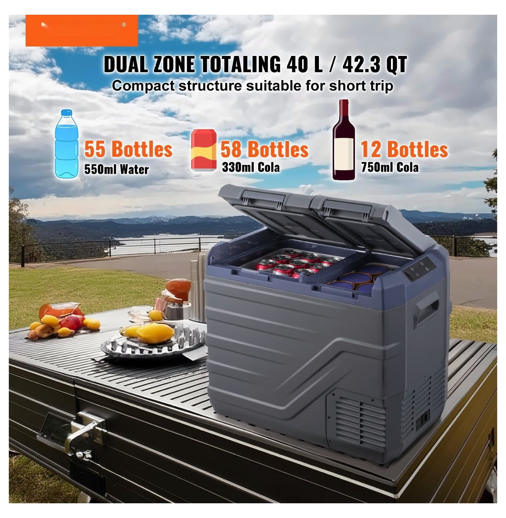 Car Refrigerator, 40L Dual Zone Portable Fridge Freezer, -4 to 68°F, 12/24V DC & 110-240V AC, Compressor Cooler for Camping, RV, Truck