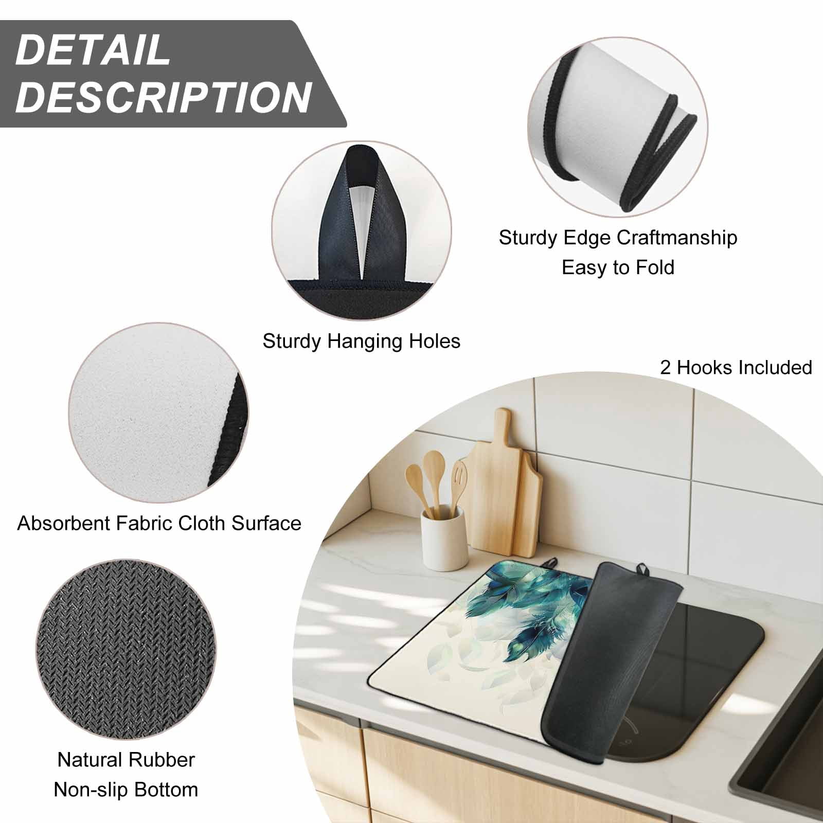 Teal Feather Stove Top Cover for Electric Stove, Heat-proof & Non Slip Glass Top Stove Cover Protector, Farmhouse Feather Art Teal Ombre Kitchen Flat Cooktop Rubber Mat 24x21 Inches