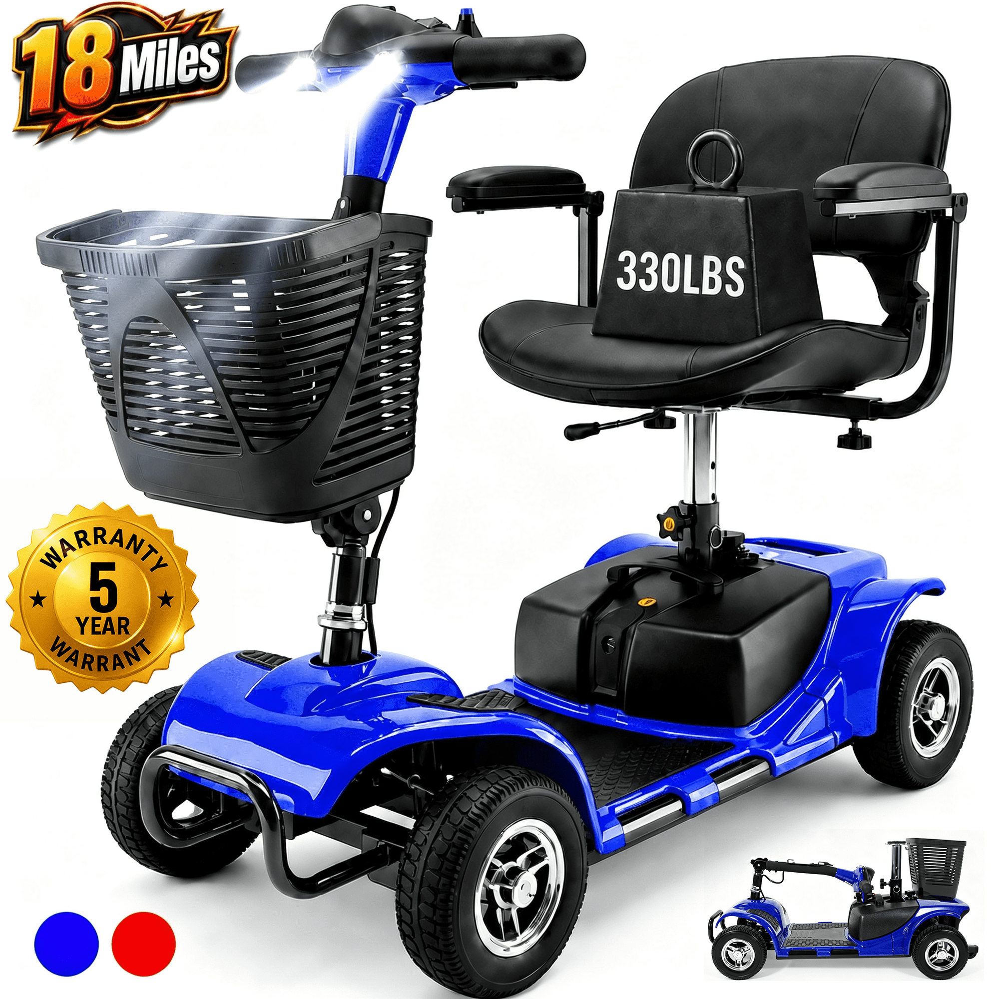 SACVON 4 Wheel Mobility Scooter for Seniors, Foldable Electric Scooter for Adults, 330 lbs Capacity, 18 Mile Range, 350W Motor, Swivel Seat, Removable Basket, Blue