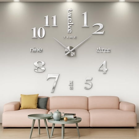 Large DIY 3D Frameless Silver Wall Clock – Oversized Modern Decor for Living Room, Stylish Metallic Design, Perfect for Home and Office