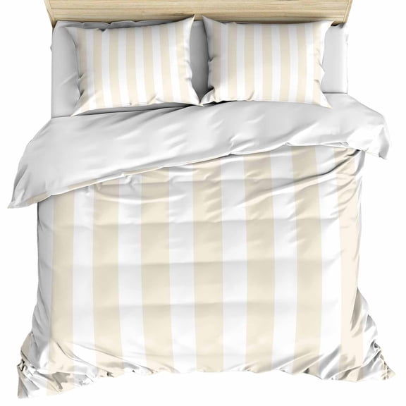 Cream Striped Bedding 3 Piece Duvet Cover Set Queen Size, Modern Farmhouse Cream White Stripes Soft Microfiber Comforter Cover with Zipper Closure & Pillowcases, Wrinkle & FadeResistant Quilt Cover