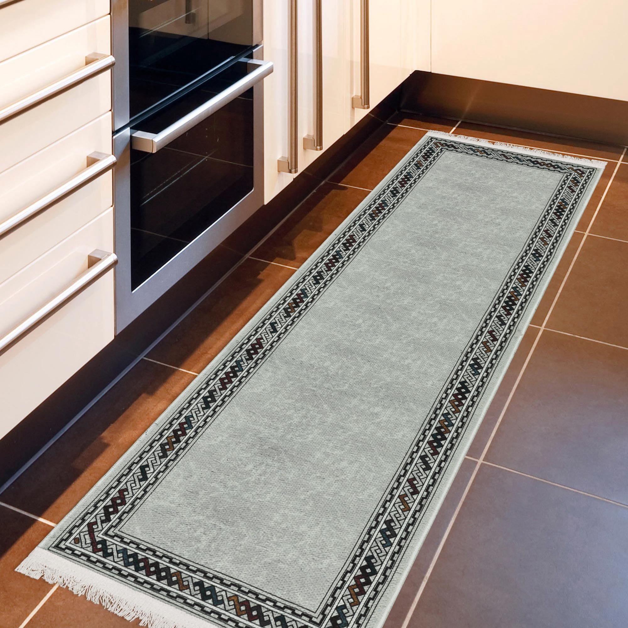 Ottomanson Machine Washable Cotton 2x5 Flatweave Runner Rug for Bedroom, 20" x 59", Light Gray/Multicolor Border