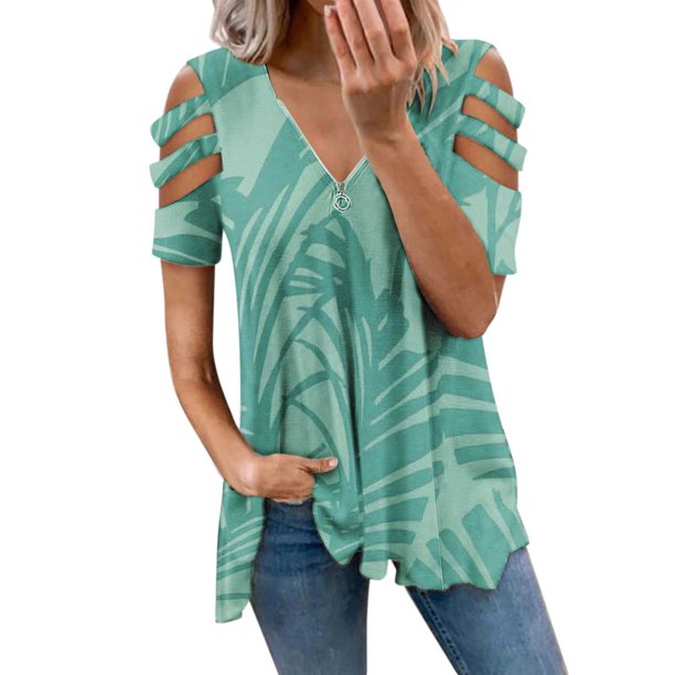 Gibobby Playera de Verano para Mujer Camiseta informal manga corta con cremallera y estampado retro para mujer(Verde de menta,XL)