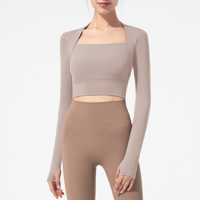 Ropa de yoga chal de dos piezas Heldig con almohadilla para el pecho camiseta de manga larga color nude