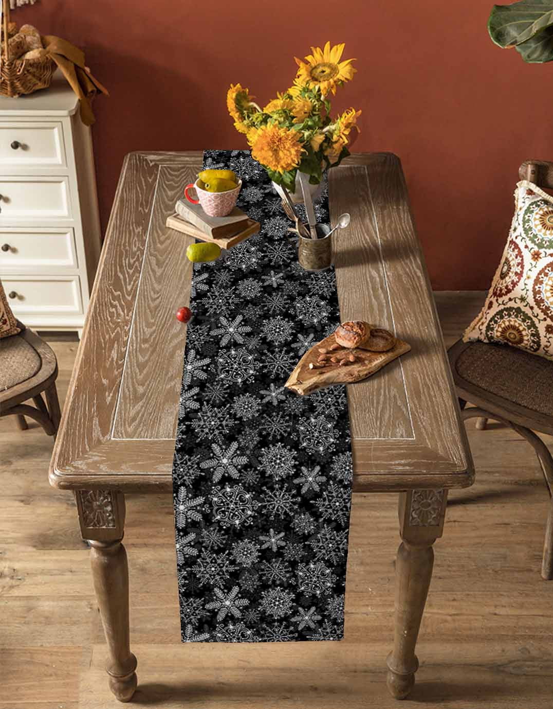 Black Snowflake Christmas Burlap-Cotton Table Runner 36 Inches Long,Xmas Snowflake Vintage Farmhouse Table Runners,Outdoor Dining Tablecloths Decor for Baby Shower Party Wedding 13x36