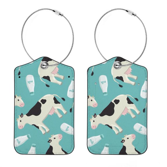 Luggage Tag, Travel Tags, Handbag Tag - Square PU Leather 2 Pack with Privacy Cover and Stainless Steel Ring - Suitable for Travel, Backpack, Handbag [Amazon Approved] Spotted Cow and Milk