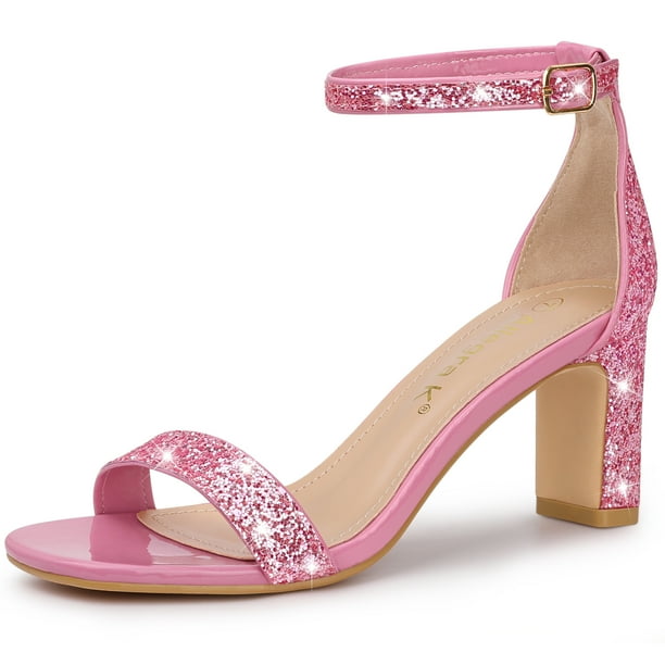 Sandalias De Tacón Grueso Con Correa En El Tobillo Y Brillo Para Mujer Rosa 6 EUA