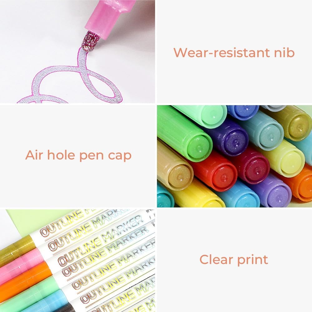 Dual-Line Highlighter, 2024 New Glitter Gel Double Line Outline Pen Sparkle Markers Colorful Art Pens for Writing, Scrapbooking, Coloring and, Journal Drawing, Greeting Cards (8 Pcs) (24 Pcs)