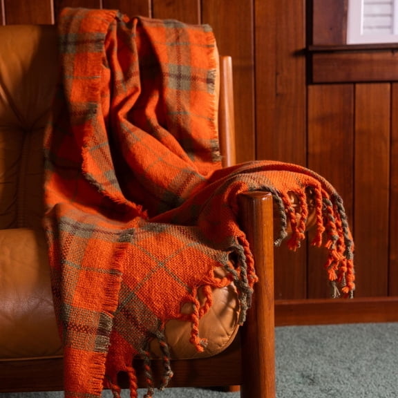 Camp Wandawega Sycamore Woven Orange Plaid Throw Blanket with Fringe, 50x60"