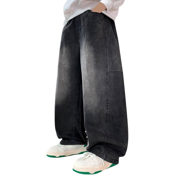 CPNG Boys Fashion Baggy Jeans Teen Boys Straight Wide Leg Elastic High Waist Casual Loose Denim Trousers Streetwear(Black,12-13 Years)