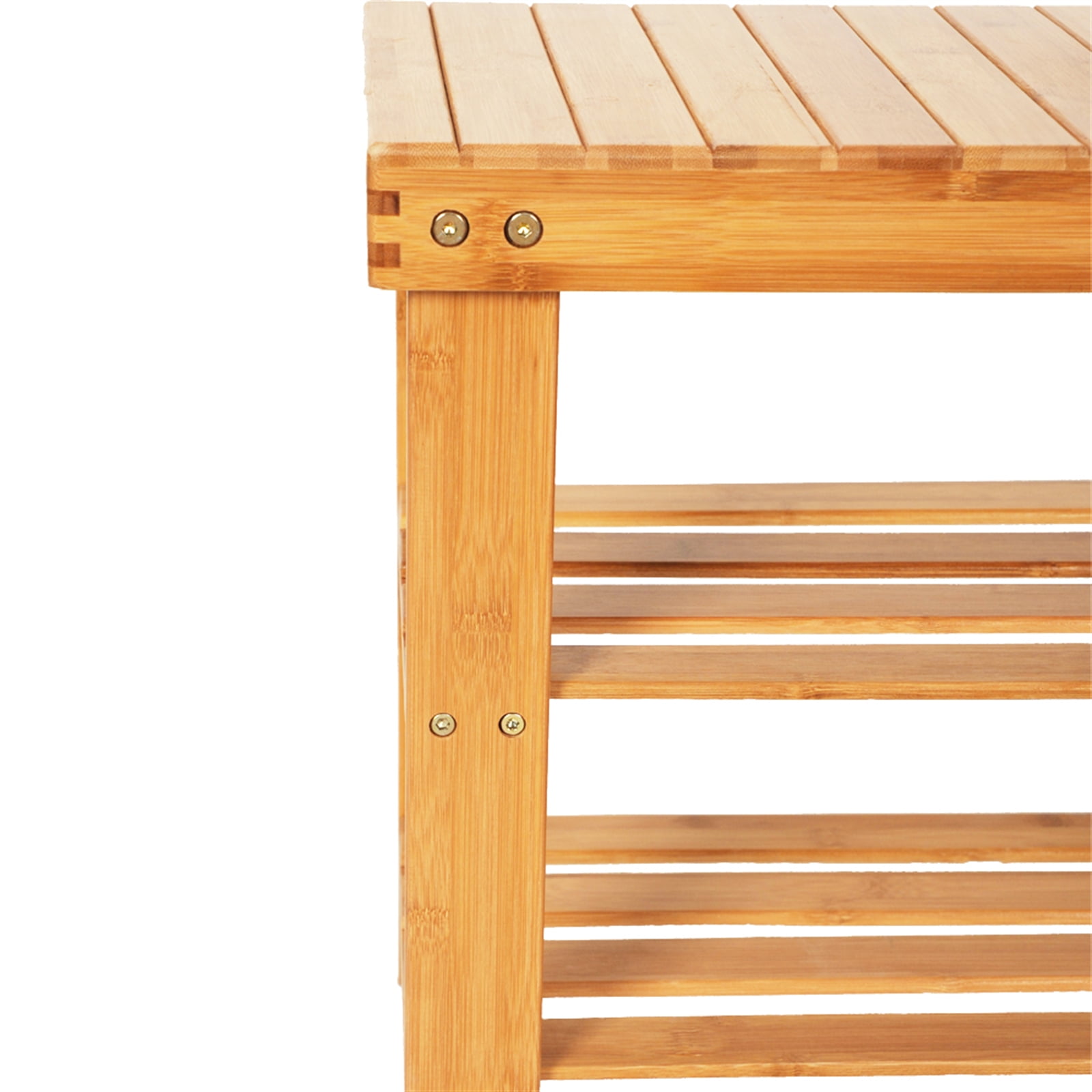 90cm 3 Tiers Bamboo Shoe Rack, Wood Color Strip Pattern Bamboo Shoe Storage Rack with Stool Function, Solid Bamboo Shoe Organizer, Space Saving Shoe Rack Stool, Multifunctional for Home Indoor Use