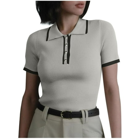 Short Sleeve Shirts for Women Women s Knitted Button Up Golf Shirts Short Sleeve Slim Fit Pullover Sweaters Trendy Casual 2026 Lapel Tee Shirts