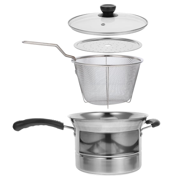 BESTYASH 1Set Stainless Steel Small Fryer Pot with Strainer Basket and Lid for Kitchen Cooking Silver