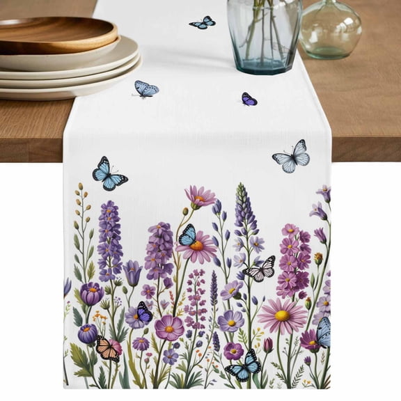 Table Runner 108 Inches Long for Kitchen Dining, Purple Flowers Dresser Scarf Farmhouse, Dining Table Decorations for Wedding/Parties, Spring Butterflies Lavender Daisy Botanical 13 x 108 In