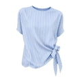 thumbnail image 5 of Cotton Linen Striped Elegant Tops for Women Trendy Outdoor Tie Shirts for Summer Lightweight Loose Fit Crewneck Short Sleeve Tee, 5 of 7