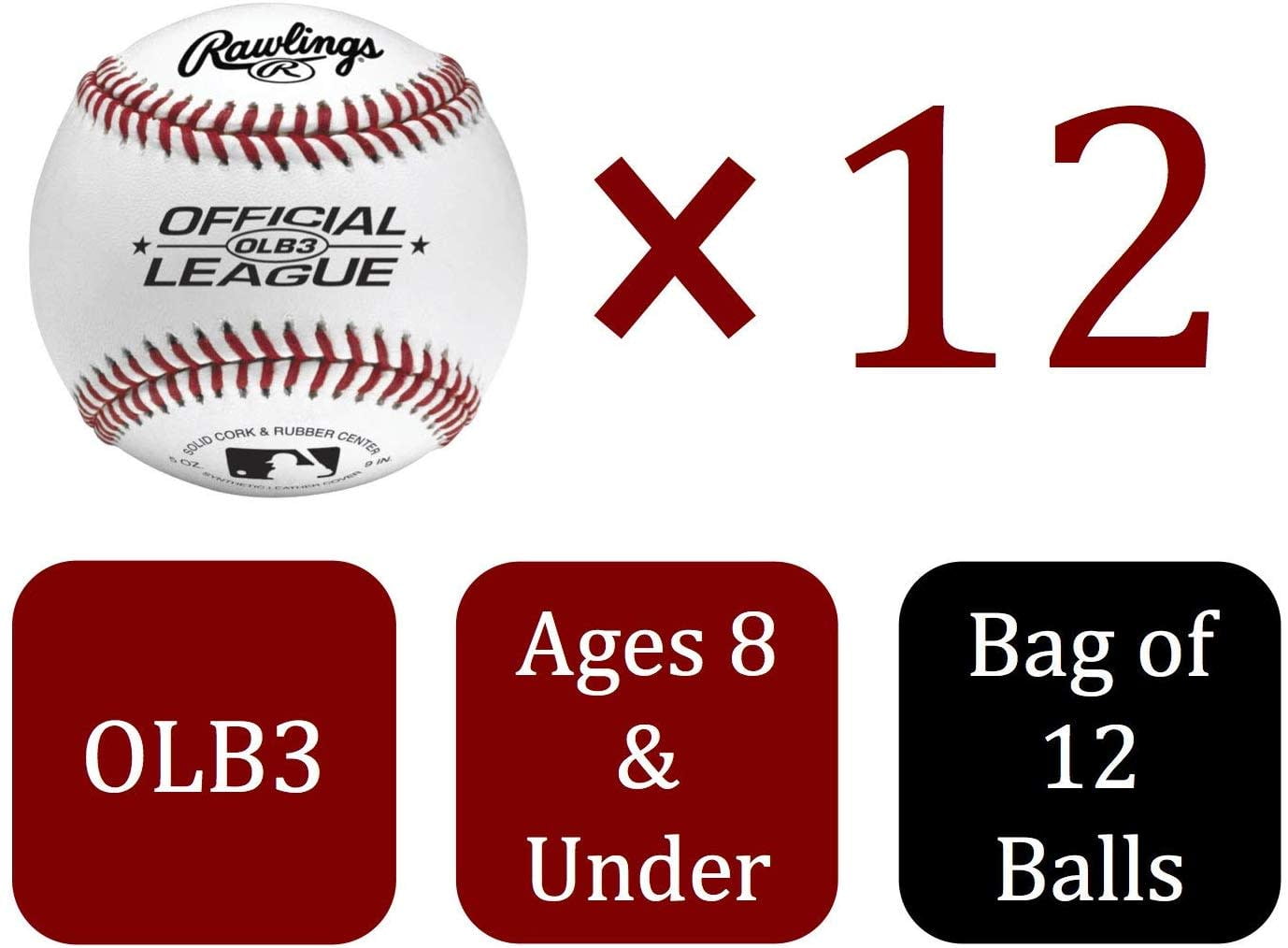 Rawlings 8U Official League OLB3 Practice Youth Baseballs in Mesh Bag, 12 Pieces