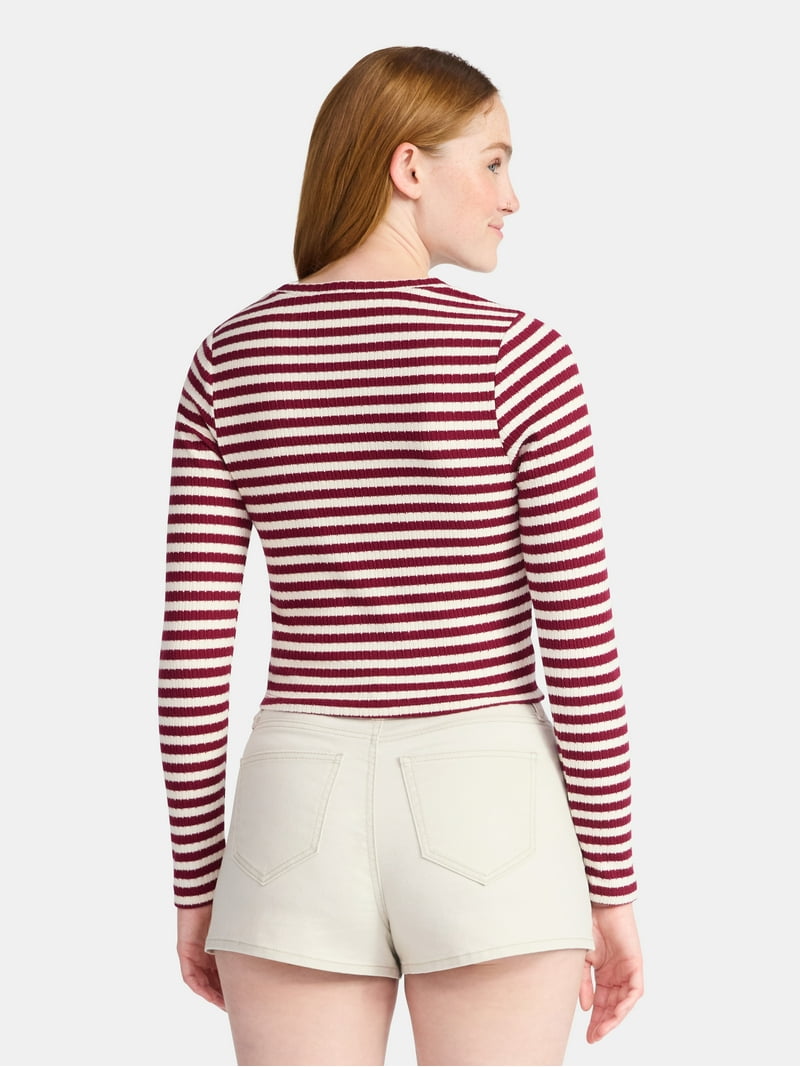 No Boundaries Graphic Striped Pointelle Long Sleeve Top, Womens