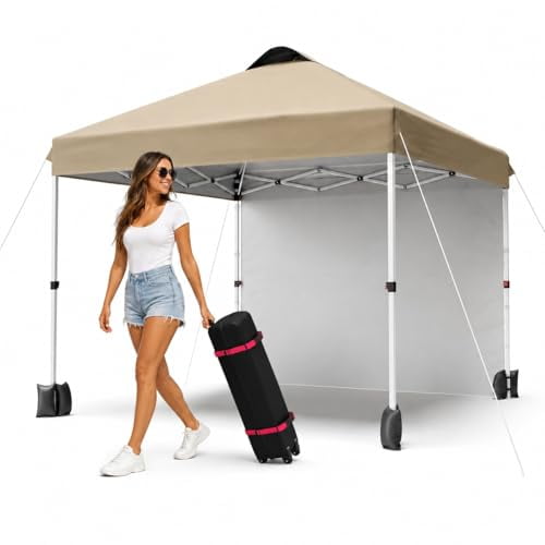 10x10 Pop Up Canopy Tent with 1 Sidewall, Instant Portable Canopy with Vented Top, Outdoor Sun Shelter with Wheeled Roller Bag, 4 Sandbags, 4 Ropes & 8 Stakes for Patio, Beach, Camping, Khaki