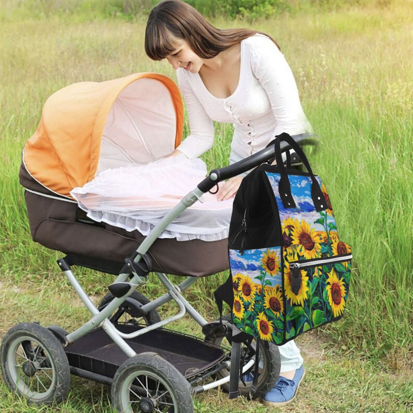 Ratiio Landscape With Sunflowers Mummy Backpack - Waterproof Twill Canvas, Large Capacity Diaper Bag with Multiple Pockets and Adjustable Straps