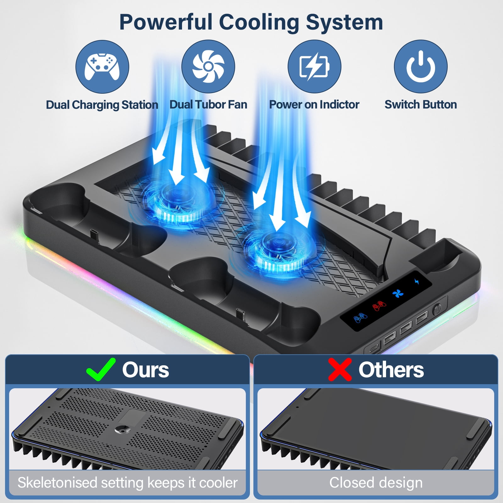PS5 Stand with Cooling Fan,PS5/PS5 Slim Stand and Cooling Station with Dual Controller Charging Station for PlayStation 5 Console,Controller Charger, Cooling Fan, Headset Holder, 3 USB Hub, Black