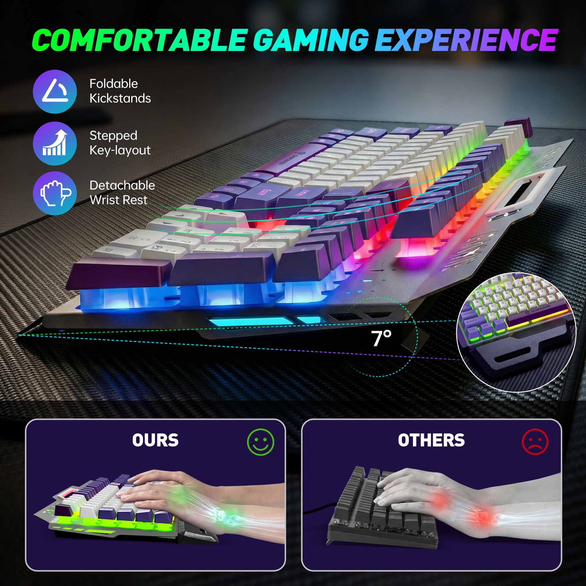 104 Keys RGB Light up Gaming Keyboard, All-Metal Panel & IPX3 Waterproof with Detachable Wrist Rest - USB Wired Computer Keyboard for Windows PC Gamer, Purple & White
