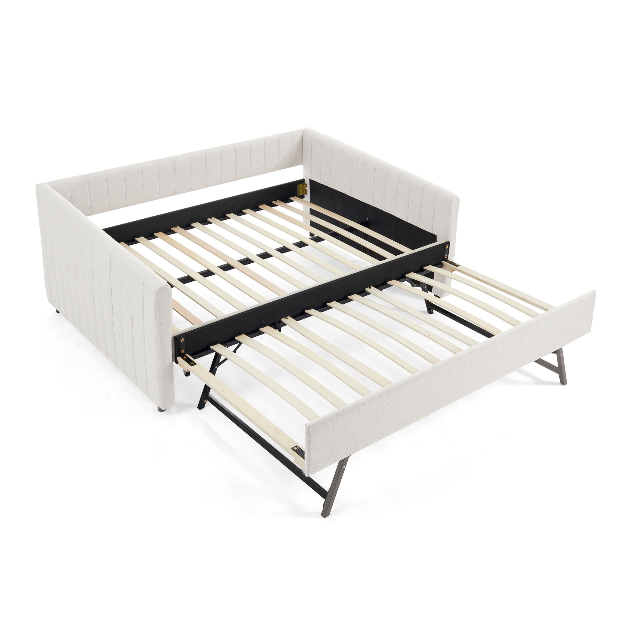 Noble House Solley Queen Size Daybed with Vertical Stripes & Pull-Out Trundle, Linen Upholstered Sofa Bed, Beige