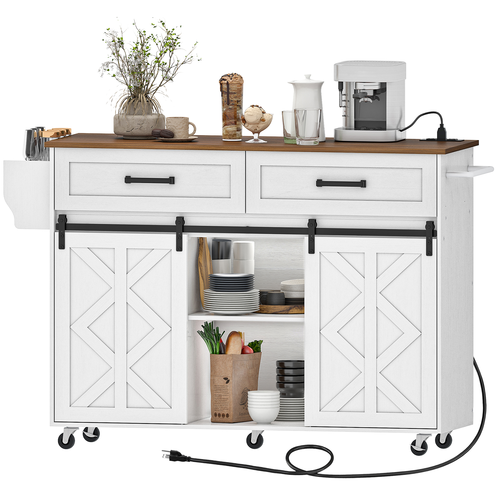 HOOBRO Kitchen Island with Storage, Power Outlet, Rolling Kitchen Island Cart on Wheels, with 2 Drawers, Sliding Barn Doors and Lockable Wheels, Farmhouse, White and Walnut WH28UZD01