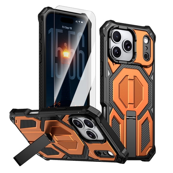 Dteck Magnetic Case with Tempered Glass Screen Protector for iPhone 17 Pro Max,Shockproof TPU PC Case Compatible with Mag Safe Kickstand Back Cover for iPhone 17 Pro Max,Orange