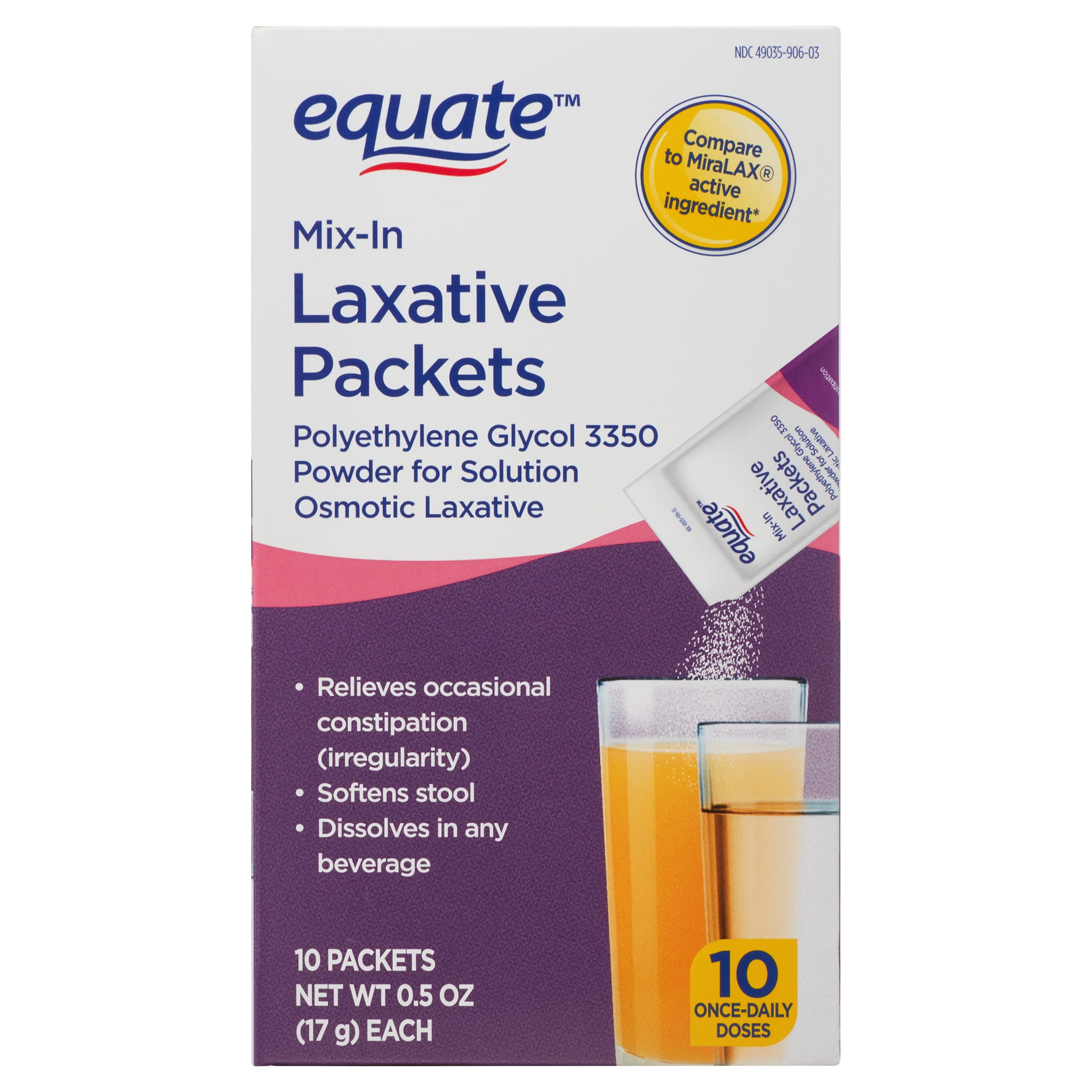 Equate Polyethylene Glycol 3350 Mix-In Laxative Packets, 10 Count