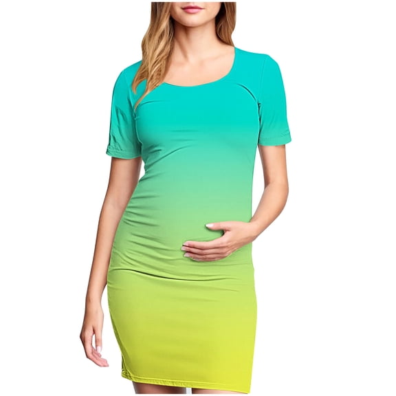 Edvintorg Maternity Clothes Women Fashion Gradient Crewneck Short Sleeve Casual Pregnancy Dress Women Midi Pregnant Dresses Mint Green L