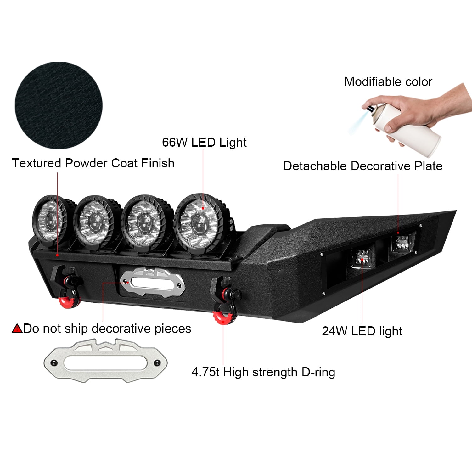 TIOYAR Steel Front Bumper for 2018-2019-2020 Ford F150（Not Fit Raptor and EcoBoost）With Winch Plate&Lights（Black Texture）