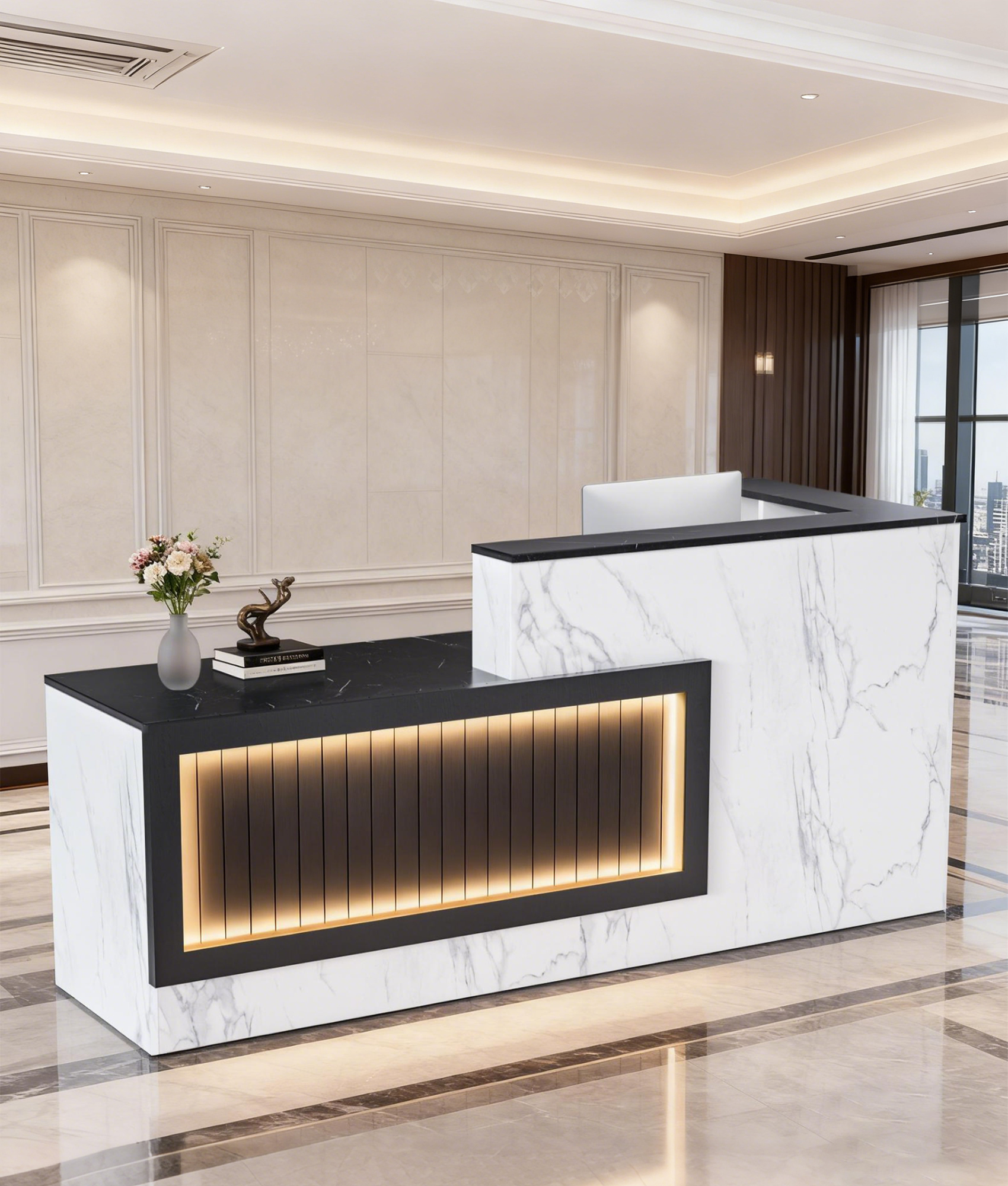 Esheno 71in L Shaped Reception Desk with Storage Drawers Tall Cabinet Lighting 71"H Multicolor for Office School