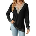 thumbnail image 3 of QAFOPEH Women Contrast Color Lace V Neck Long Sleeve Side Slit Casual Top, 3 of 5