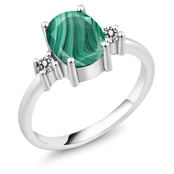 Gem Stone King 2.63 Ct Oval Green Malachite White Diamond 925 Sterling Silver Ring (Size 9)