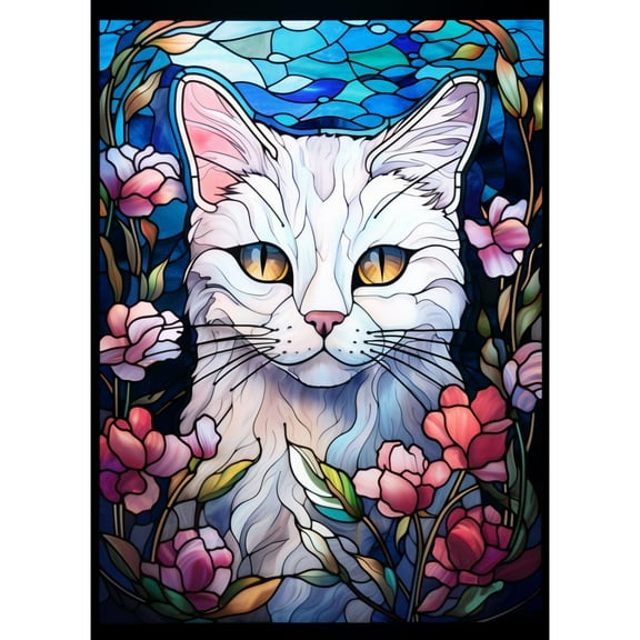 White Persian Cat in Flowers 5D Diamond Art DIY Paint with Full Drill Round Diamond Gems Painting by Number Kits for Adults Art Craft Home Wall Decor 11.8x15.8in