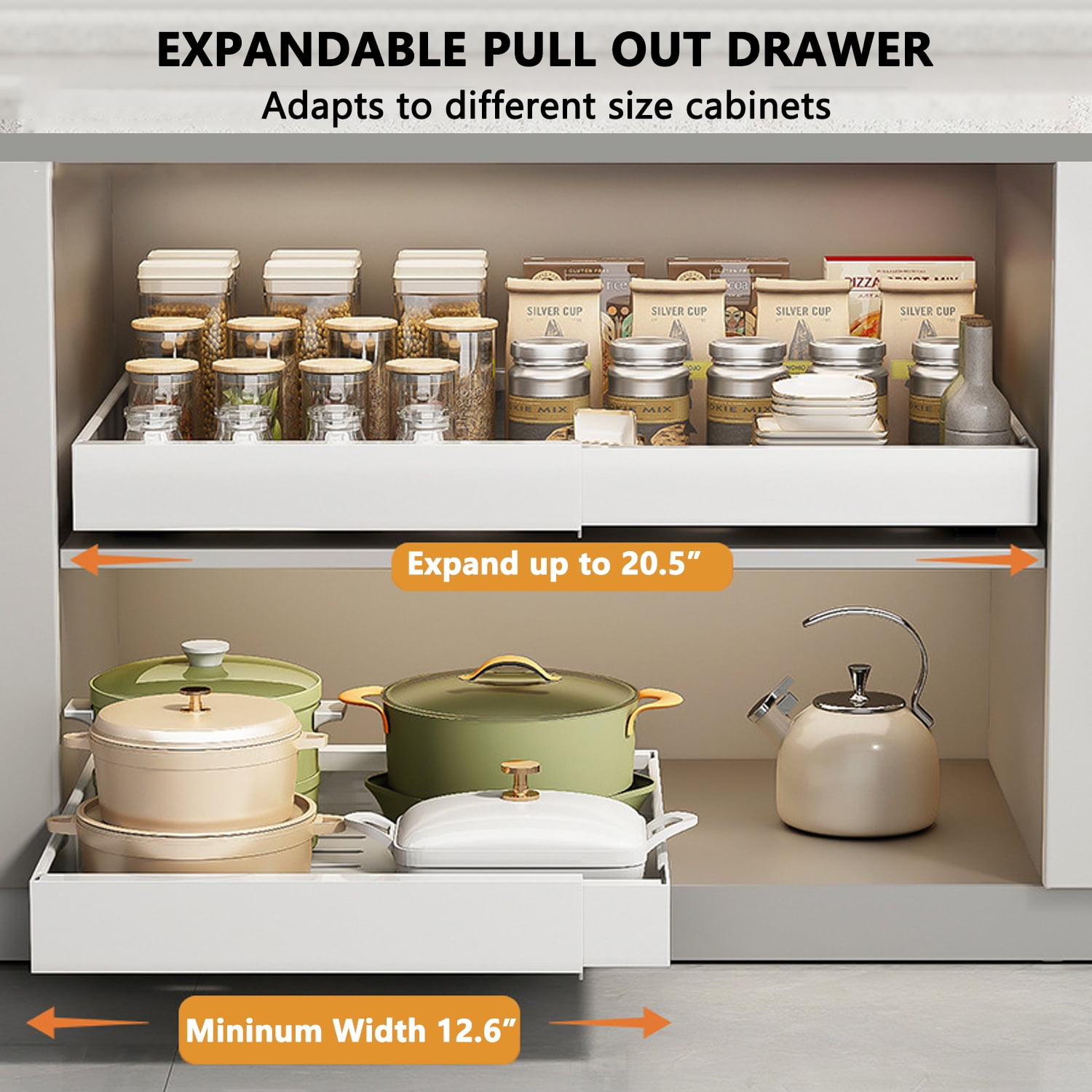 PHANCIR 2 Pack Pull out Cabinet Organizer with 3 Sliding Rails, 12.6-20.5in Expandable Heavy Duty Slide out Drawers for Kitchen, Pantry, Bathroom, Not Suitable for Framed Cabinets