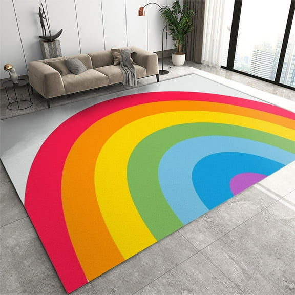 Boho Rainbow Rug For Living Room- Cartoon Rainbow Classroom Area Rug, Non-Slip Low Pile Non-Shedding Foldable Washable Nursery Mat For Entryway Hallway Playroom Home Decor Carpet