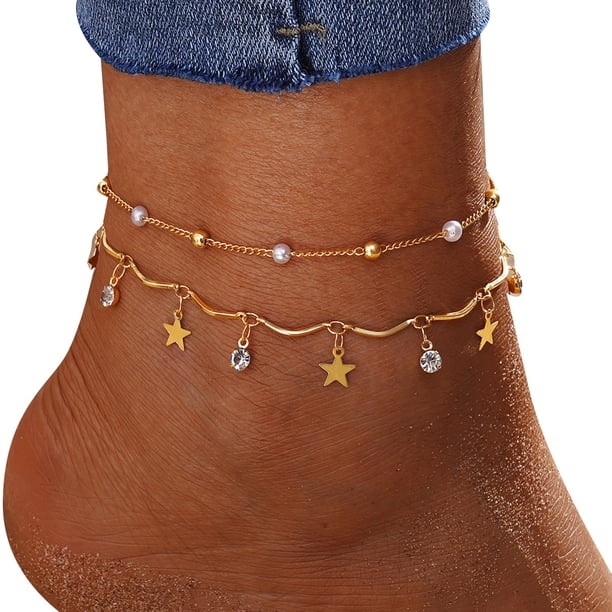 Conjunto de tobilleras doradas retro Conjunto de tobilleras pequeñas 2 piezas Accesorios de joyería para la playa en verano, para el día a día, para regalo