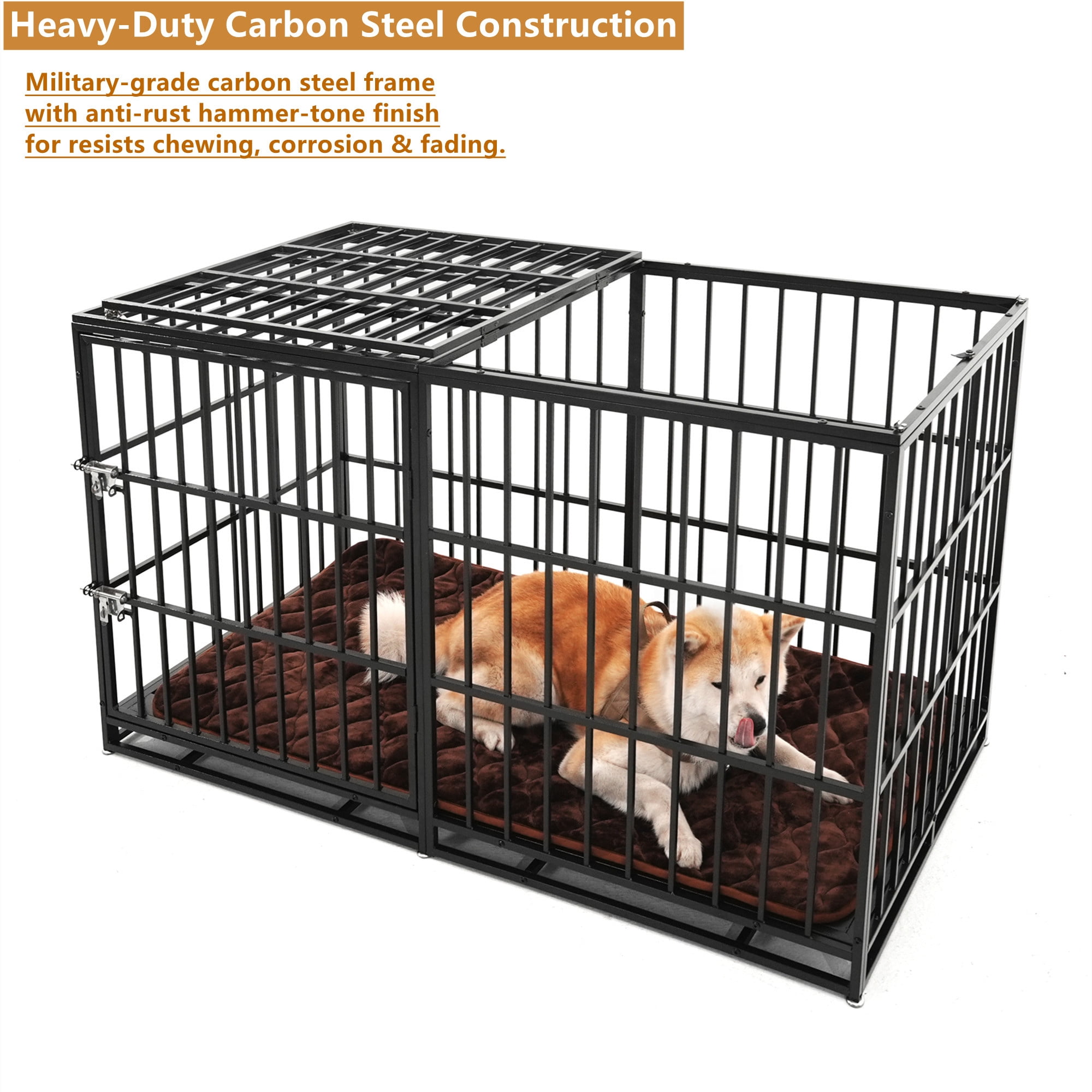 Aukfa 61" Extra Long Indestructible Dog Crate with Comfy Dog Pad for Large Dogs, Heavy Duty Steel Escape Proof Kennel, 2 Door&Removable Tray
