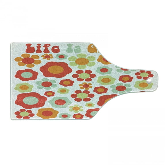 Groovy Cutting Board, Petals of Retro Colors Old Fashioned Style Revival Art, Decorative Tempered Glass Cutting and Serving Board, Wine Bottle Shape, Mint Green Orange Red, by Ambesonne